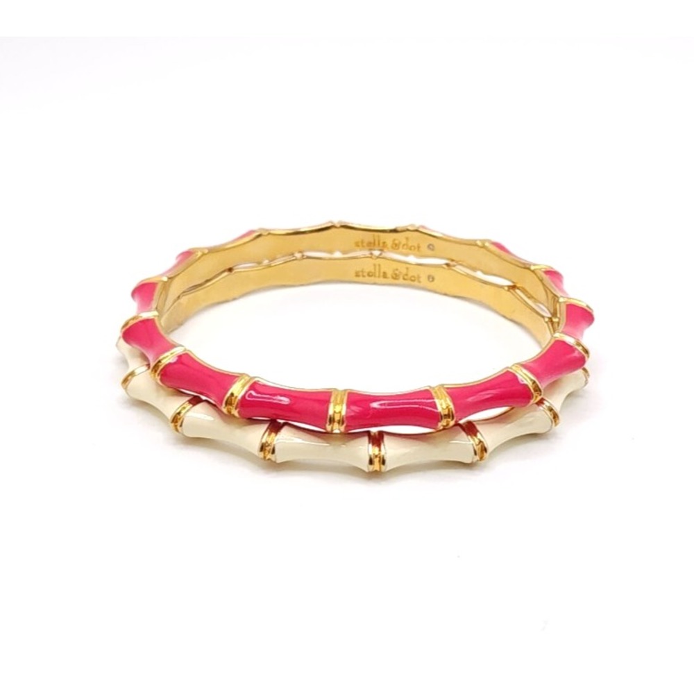 Stella & Dot Julep Bamboo Bangle Bracelets Pink Cream Enamel Gold Tone Set 2 - Picture 9 of 10